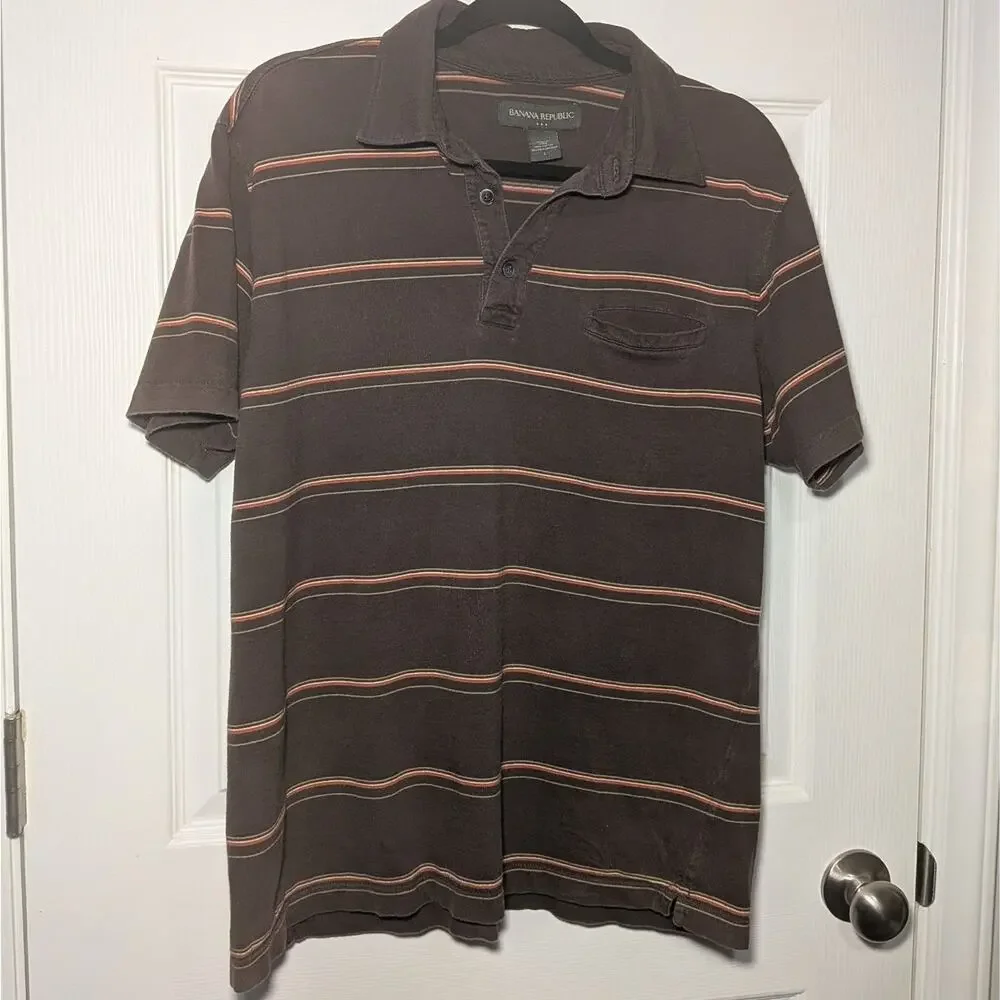 Banana Republic Mens Large Brown Striped Short Sleeve Polo Shirt Cotton Casual